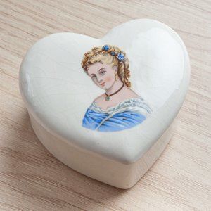 Vintage White Heart Ceramic Trinket Box Blue Dress Wearing Lady Smiling Woman